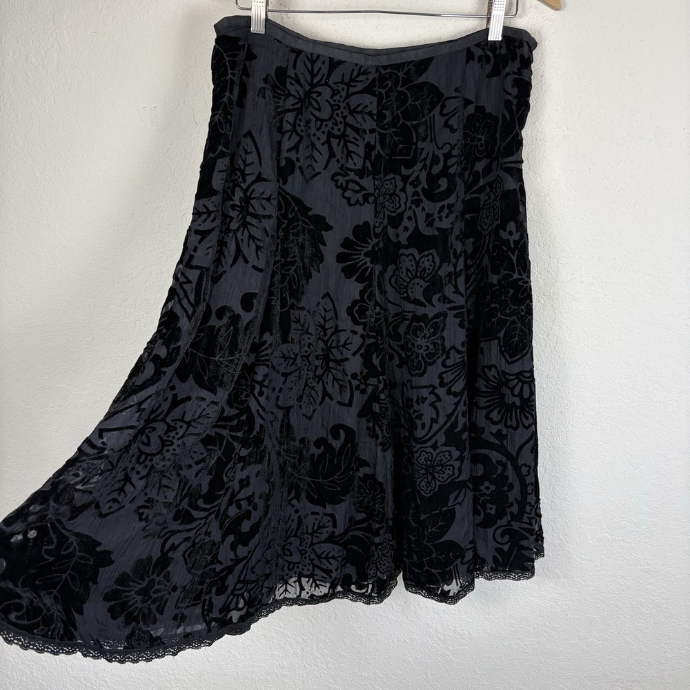Vtg Size 12 Midi Skirt Velvet Floral Black Whimsigoth Fairy Goth Y2k Lace Witchy